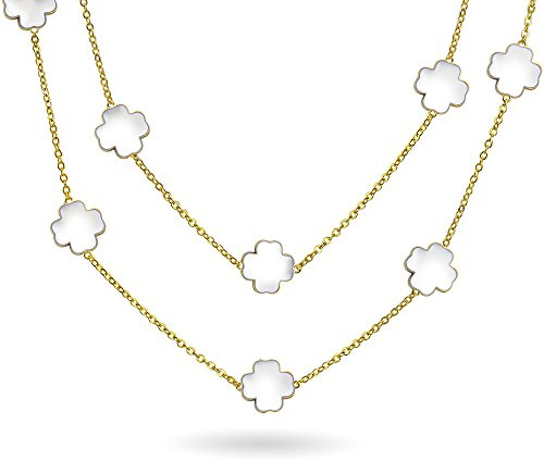 Bling Jewelry Flor Blanca De Plata De Largo Chapado En Esmalte Nacarado De La Estación De La Cadena De Envolver La Capa De Trébol Collar Para Mujer De 40 Pulgadas