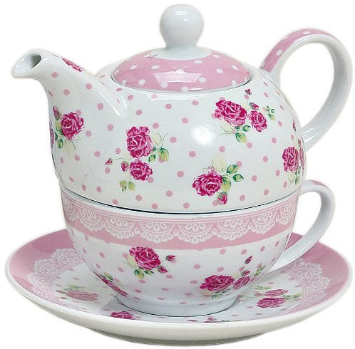 G. Wurm Te för en uppsättning 3 delar porslin tekanna med kopp och fat med rosor och blommor motiv (rosa)