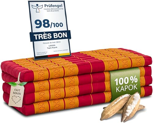 livasia Nachhaltige Klappmatratze aus Kapok - 200x110x8cm - breite Gästematratze, Faltbare Matratze, ökologische Yogamatte, klappbares Gästebett, Liege für Garten und Balkon (Rot/Gelb)