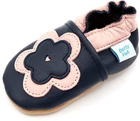 Dotty Fish Soft Sole Leather Baby Shoes - Barefoot, Non-Slip, Unisex | Lightweight, Breathable, Flexible, Elasticated ankles, Anti-slip,