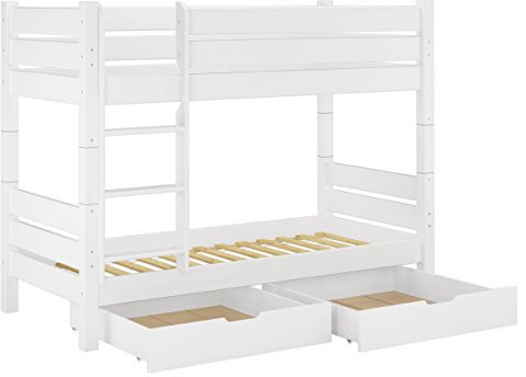 Erst-Holz®Kiefer-Stockbett weiß 100x200 Etagenbett Hochbett teilbar Rollrost Bettkasten 60.16-10WT80S2