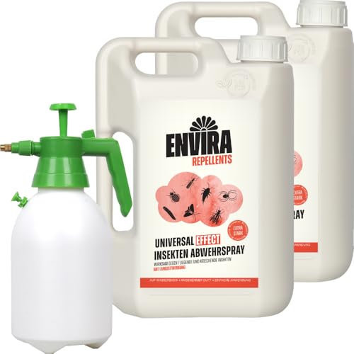 Envira Universal Effect Insekten Abwehrspray 2 x 2 Liter + 2L Drucksprüher - Extra starkes Spray mit Langzeitwirkung gegen Trauermücken, Silberfische& Ungeziefer - Mittel gegen Insekten