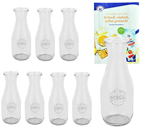 MamboCat 8er Set Weckgläser Saftflaschen mit Deckel 530 ml I Original Weck Glasflasche I Einweckflaschen mit Deckel für Säfte Saucen Öle UVM I inkl. Diamant-Zucker Gelierzauber Rezeptheft