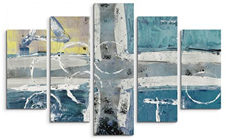 Paul Sinus Art 5 teiliges Wandbild auf Leinwand (Gesamt: H: 100cm B: 160cm) Keilrahmenbild Canvas Fotodruck Leinwandbild Leinwanddruck Kunstdruck Wandbild blau grau beige Kreuz