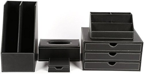KINGFOM 5pcs Leder büro Schreibtisch Set - Inklusive Schreibtisch Organisator, Schubladenbox, Kosmetiktücherbox, Zeitschriftensammler Halter und Zettelbox (T08-Schwarz)