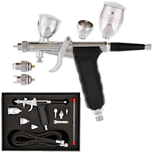 Master Airbrush Model G77 Pistol Trigger Fixed Dual-Action Gravity Feed Airbrush, 2 Nozzle Sets (0.3 & 0.5mm), Spray Gun Fan Head, Round Pattern Head, 3 Cup Sizes, 6' Hose - Auto Graphics, Art, Hobby