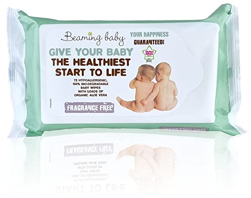 Beaming Baby Certified Organic, 100% Biodegradable Baby Wipes - 72 Unscented Wipes. No Plastic, Hypoallergenic with Organic Aloe Vera. Naturally Gentle on Newborn Sensitive Skin. Recyclable Packaging