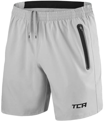 TCA Laufhose für Herren Kurz - Sporthose Herren Kurz - Kurze Sporthose mit Reißverschlusstaschen - Männer Sport Shorts - Gym Shorts - Sport Hose Männer - Running Shorts Men - Hellgrau/Schwarz, M