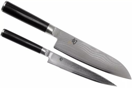 KAI Shun Classic japanisches Kochmesser 2er Set - Santoku 18 cm Klingenlänge + Allzweckmesser 15 cm Klingenlänge - Damastmesser 32 Lagen VG MAX Kern - 61 (±1) HRC - Pakkaholzgriff - Küchenmesser Set