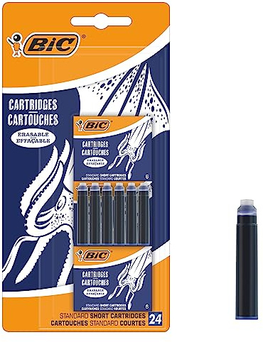 BIC Standard Short Ink Cartridges for Fountain Pens Erasable Blue Blister Pack of 24