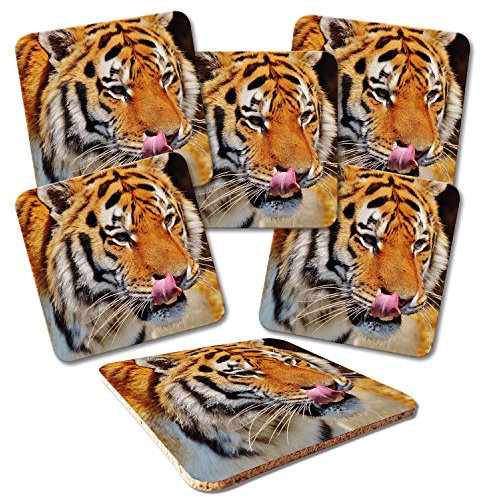 ADDIES Glas-Untersetzer 6-TLG.Set Bedruckt Motiv TIGER-04 in hochwertiger Klarsicht-Geschenkbox und Korkrückseite