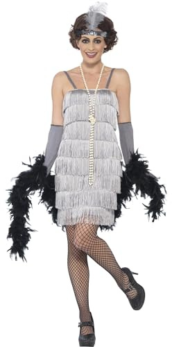 Smiffys Flapper Costume, Silver with Short Dress, Headband & Gloves, 1920's Razzle Fancy Dress, Adult Dress Up Costumes