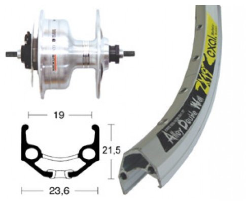 Bike-Parts 26 Zoll Vorderrad Exal Zx 19 + Nabendynamo Shimano Dh-C3003, Maße: 19-559 (26 x 1,90 Zoll), Ausphase/Hrung.Silber/Silber/NIRO