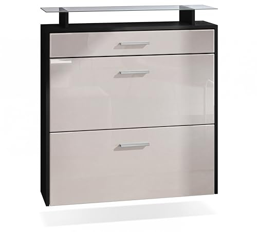 Vladon Schuhschrank Malea, hängender Schuhkipper für 16 Paar Schuhe mit 2 Klappen und 1 Schublade und Glasablage, Schwarz matt/Sandgrau Hochglanz (89 x 96 x 23 cm)