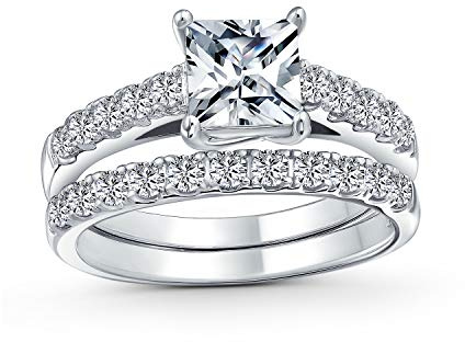 Ensemble de bagues de fiançailles et de mariage en argent sterling .925 avec zircon cubique brillant de 1CT, coupe princesse carrée solitaire, monture cathédrale, bande pavée fine éternité AAA CZ.