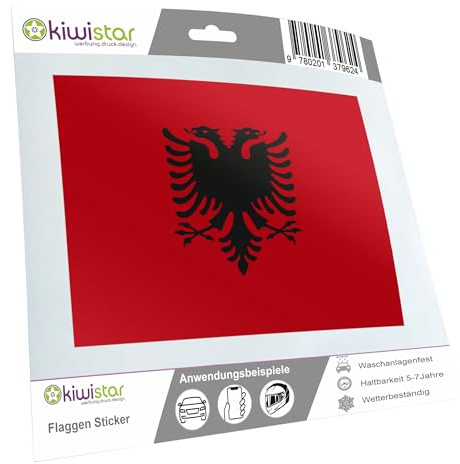 Kiwistar - Autoaufkleber Sticker Fahne Flagge Aufkleber 15cm Albanien Flagge Länder Wappen Fahne Sticker Kennzeichen - Auto - Fahrrad - LKW
