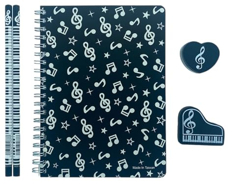 Music Themed Stationery – Black Musical Notes Notebook, HB Pencils, Eraser and Sharpener Set