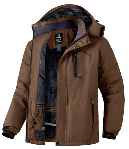 Wantdo Giacca da Sci Montagna Calda Invernale Parka da Neve Imbottita Cappotto da Snowboard in Pile Giubbotto con Cappuccio Impermeabile Uomo Caffè L