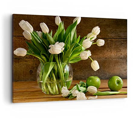 ARTTOR Leinwandbild 100x70cm Wandbild Botanik Blumen - 2629 | Tulpen Apfel Strauß Groß Wanddekoration Wohnzimmer Schlafzimmer Küche Wanddeko Wand Kunstdruck Wandkunst Wall Decor ARTTOR