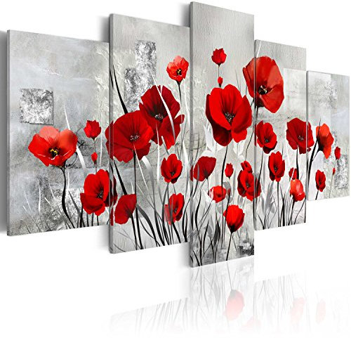 B&D XXL Acrylglasbild Abstrakt 100x50 cm 5 Teilig Wandbild auf Acryl Glas Bilder Kunstdruck Moderne Wanddekoration - Mohnblumen Texture grau rot wie gemalt b-A-0001-k-n