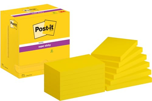 Post-it Super Sticky Notes, 1080 Sheets, Value Pack of 12 Pads, 76 mm x 127 mm - Holds Strong to Many Surfaces - Yellow - for Walls, Monitors and Fridge, Recycable