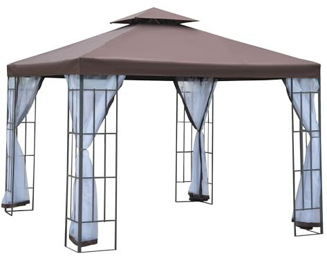 Outsunny Tonnlle de Jardin Barnum Pavillion de Jardin 3 x 3 Double Toit avec moustiquaires Amovibles imperméable Chocolat