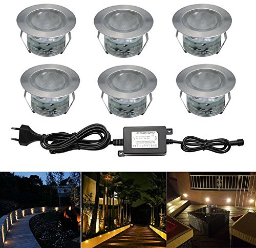 CHNXU LED Bodeneinbaustrahler 6er Set Ø45mm 1W Terrassen Einbaustrahler Aussen 12V IP67 Wasserdicht Terrassenstrahler Licht für Küche Garten Treppen Balkon Terrasse, Warmes Weiß