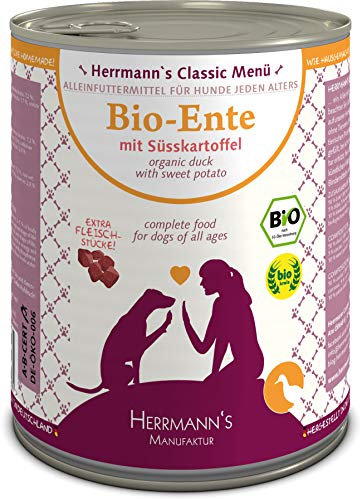 Herrmanns Bio Hundefutter Ente Menu 1 mit Süßkartoffel, Kürbis, Nachtkerzenoel 800 g, 6er Pack (6 x 800 g)
