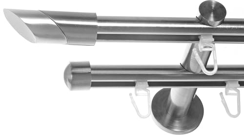BASIT Gardinenstange Innenlauf Edelstahllook 16mm 2-läufig Wand 240cm H80 | Gardinenstangenset doppelläufig Wandmontage Metall Vorhangstange Wandhalterung 120-600cm wählbar Kappe Schräge E13