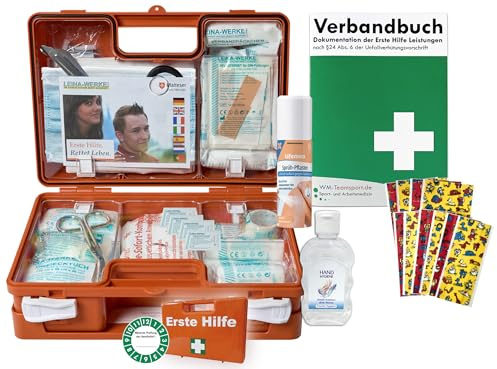 Erste-Hilfe-Koffer KITA M1 inkl. Sprüh-Pflaster & Hygiene-Gel nach aktueller DIN/EN 13157 für Betriebe + DIN/EN 13164 für KFZ - incl. Verbandbuch