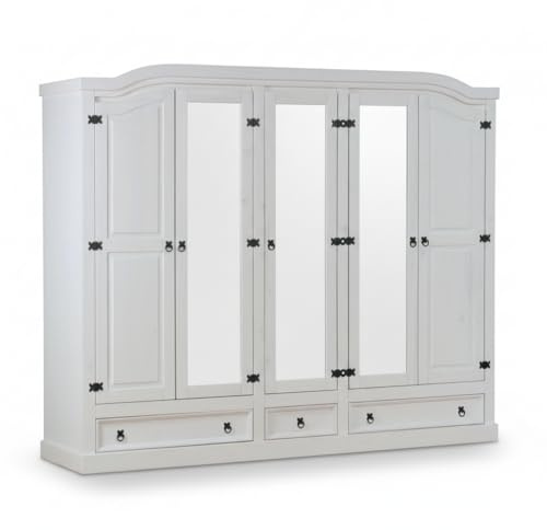 Dynamic24 Hacienda-Look – 5-türiger Kiefer Kleiderschrank New Mexico Weiss – B243xH 193xT 57cm – 3 Schublade(n) – Massive Kiefer – Farbe Weiß – Hacienda-Stil – wärmender Massivholz-Look fürs Zuhause