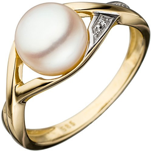 Jobo Damen-Ring aus 14 Karat 585 Gold mit großer Perle und Diamant Größe 50