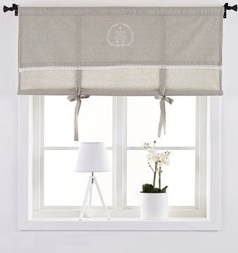 Unbekannt Scheibengardine Raff Gardine Raffrollo Vorhang 'Emmy' 140 x 100 cm (BxH) Bestickt mit Spitze und Monogramm beige Baumwolle Landhaus Shabby French Vintage Retro Antik Nostalgie