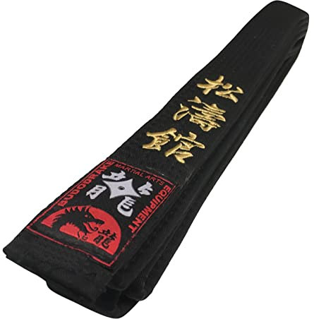 Budodrake Schwarzer Gürtel bestickt Shotokan Schriftzeichen, Schwarzgurt mit goldener Bestickung (300 cm)