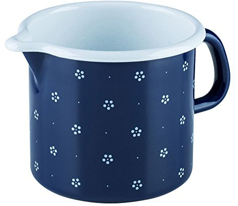 Riess, 0040-073, Schnabeltopf ø 12cm, BLÜMCHENBLAU, Blau, Emaille, Vol. (rec.): 1,0 Liter, Made in Österreich, LBH: 18,7x13,5x11,5cm, 0,430kg, Kanne mit Henkel, Deckel, Induktionskocher kompatibel