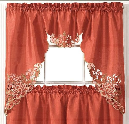 GOHD Passionate Bloom Kitchen Curtain Swag Valance and Tier Set Nice Embroidery on Faux Silk Fabric with cutworks (Rust)