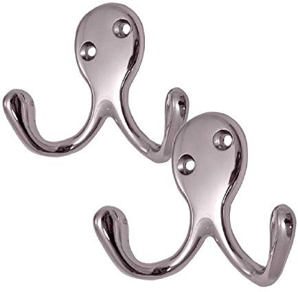 2 x Polished Chrome Double Coat Hooks, Door & Wall Robe Dress Garment Hangers