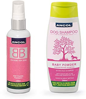 Ancol Baby Powder Fragrance Dog Cologne Perfume Scent & Shampoo Talc Powder Set