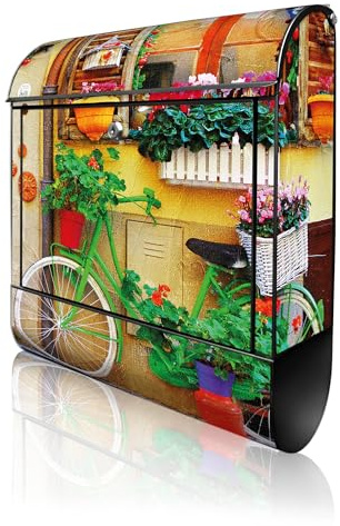 banjado Design Briefkasten 38,5x46,5x13cm & 2 Schlüssel - Briefkasten Stahl Schwarz mit Zeitungsfach pulverbeschichtet - Postkasten A4 Einwurf inkl. Montagematerial - Motiv Grünes Fahrrad