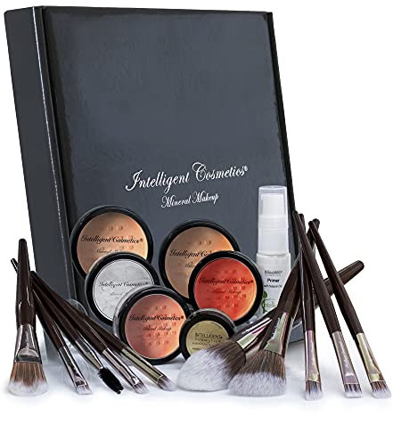 MEDIUM SKIN Mineral Powder Makeup Kit 17 Piece COMPLETE SET Includes 2 Foundation, Veil, Bronzer, Highlighter, Concealer, Primer & Professional Brush Set