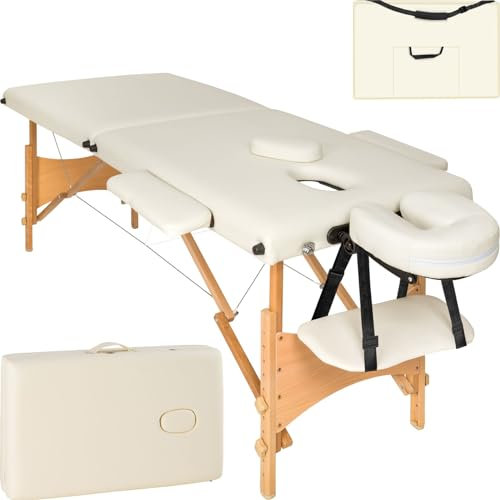tectake® Massageliege klappbar mit 2 Zonen, Massagetisch tragbar mit 5cm Polsterung, höhenverstellbare, Mobile Massageliege, Massagebank mit Holzfüßen und Zubehör Tragetasche - beige