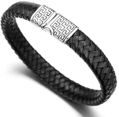 Halukakah ● Solo ● Herren-Armband Handgefertigt | Echtleder in Schwarz/Braun | Kreuzgeflecht | Magnetverschluss mit Griechischer Schlüssel Edelstahl in Silber | mit Geschenkbox | 21.5cm