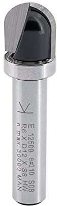 ENT 12500 Fresa a filettare in metallo duro, gambo (S) 8 mm, raggio (R) 6 mm, D 12 mm, NL 12 mm, SL 32 mm, con cuscinetto a sfere, lavorazione del legno, router