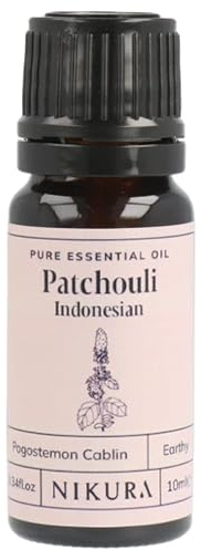 Nikura Patchouli (Indonesian) Essential Oil 10ml | 100% Pure Natural Oils | Perfect for Aromatherapy, Diffusers, Humidifier, Bath | Great for Self Care, Massage, Skin | Vegan & UK Made