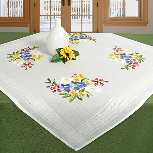 KAMACA Broderi bordsduk plattstygn blomstygn förtryckt broderifilt inklusive broderimall och instruktioner broderiset för självbroderi för vuxna (alpblommor MD 80 x 80 cm)