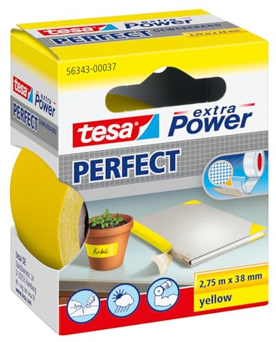 tesa extra Power Perfect - Vävförstärkt tejp för hantverk, reparation, fästning, förstärkning och markering vid målningsarbete både ute och inne - gul, 2,75 m x 38 mm