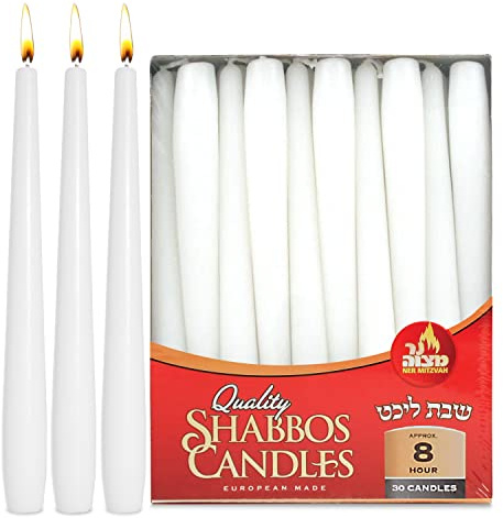 Ner Mitzvah Classic White Taper Candles - 25 cm – 30 Bulk Pack – for Shabbat, Dinner Tables, Restaurants, Ceremonies and Emergency - 8 Hour Burn Time