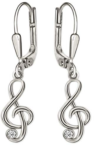 CLEVER SCHMUCK Notenschlüssel Ohrring Silber für Damen hängend 28mm Violinschlüssel mit Zirkonia 925 STERLING im Etui creme