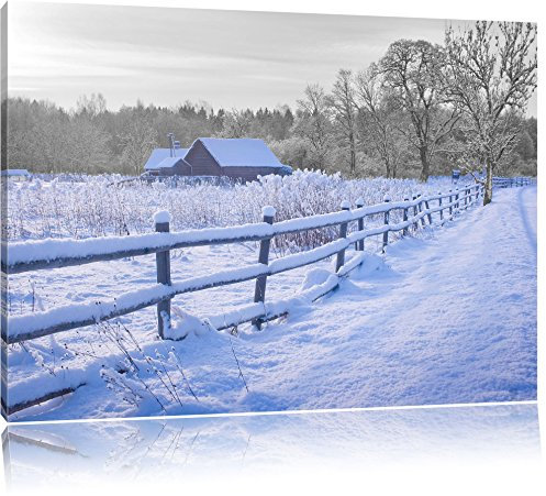 Pixxprint kleines Holzhaus in verschneiter Landschaft B&W, Größe: 120x80cm, Leinwandbild, fertig gespannt, Wandbild, Dekoration, Kunstdruck, kein Poster