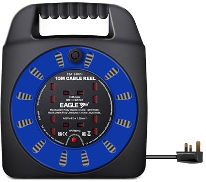 Netagon 4 Socket Extension Lead Cable Reel | 13A 4 Gang Plug | Thermal Cut Out, Heavy Duty, Outdoor Extension Lead, Ideal for DIY, Workshop, Garden, Home Use (Handbag Extension Reel, 15M)
